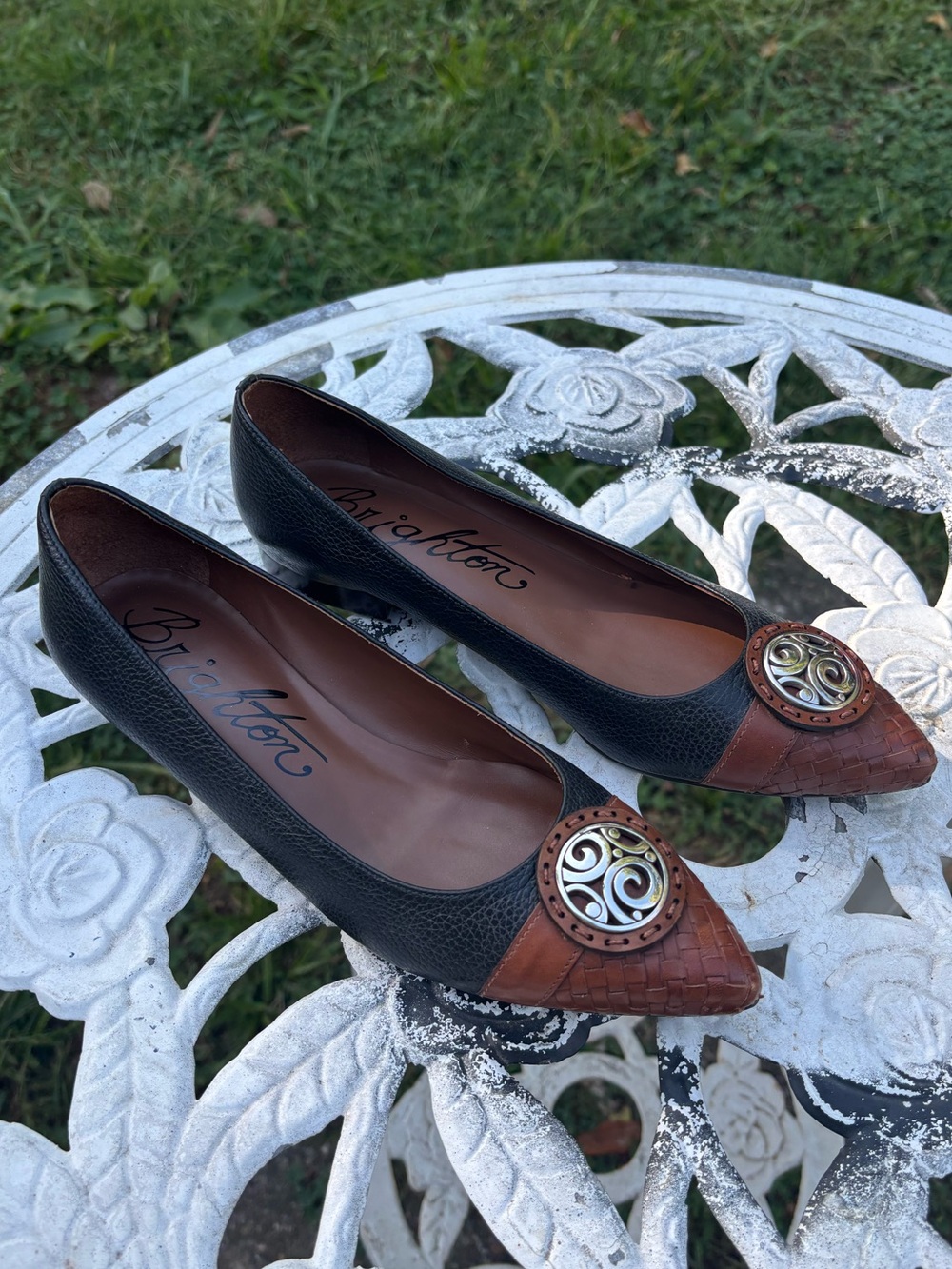 Brighton Two-Tone Black and Brown Pointed Toe Flats-"Ebony" cap-toe flat